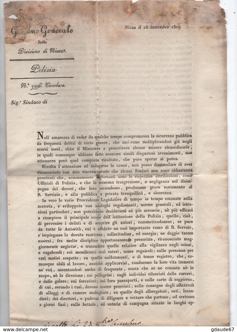 1829 - LETTRE De NICE Avec FRANCHISE "R. POSTE / DIVISIONE DI NIZZA" - COMTE DE NICE - 1801-1848: Precursors XIX