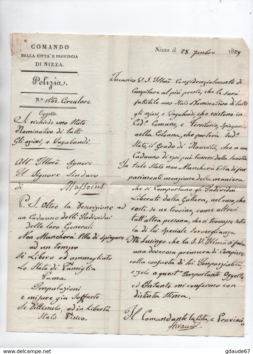 1829 - LETTRE De NICE Avec FRANCHISE "COMANDO DELLA CITTA E PROVINCIA DI NIZZA" + NOM MANUSCRIT HERAUD Pour MASSOINS - 1801-1848: Precursors XIX