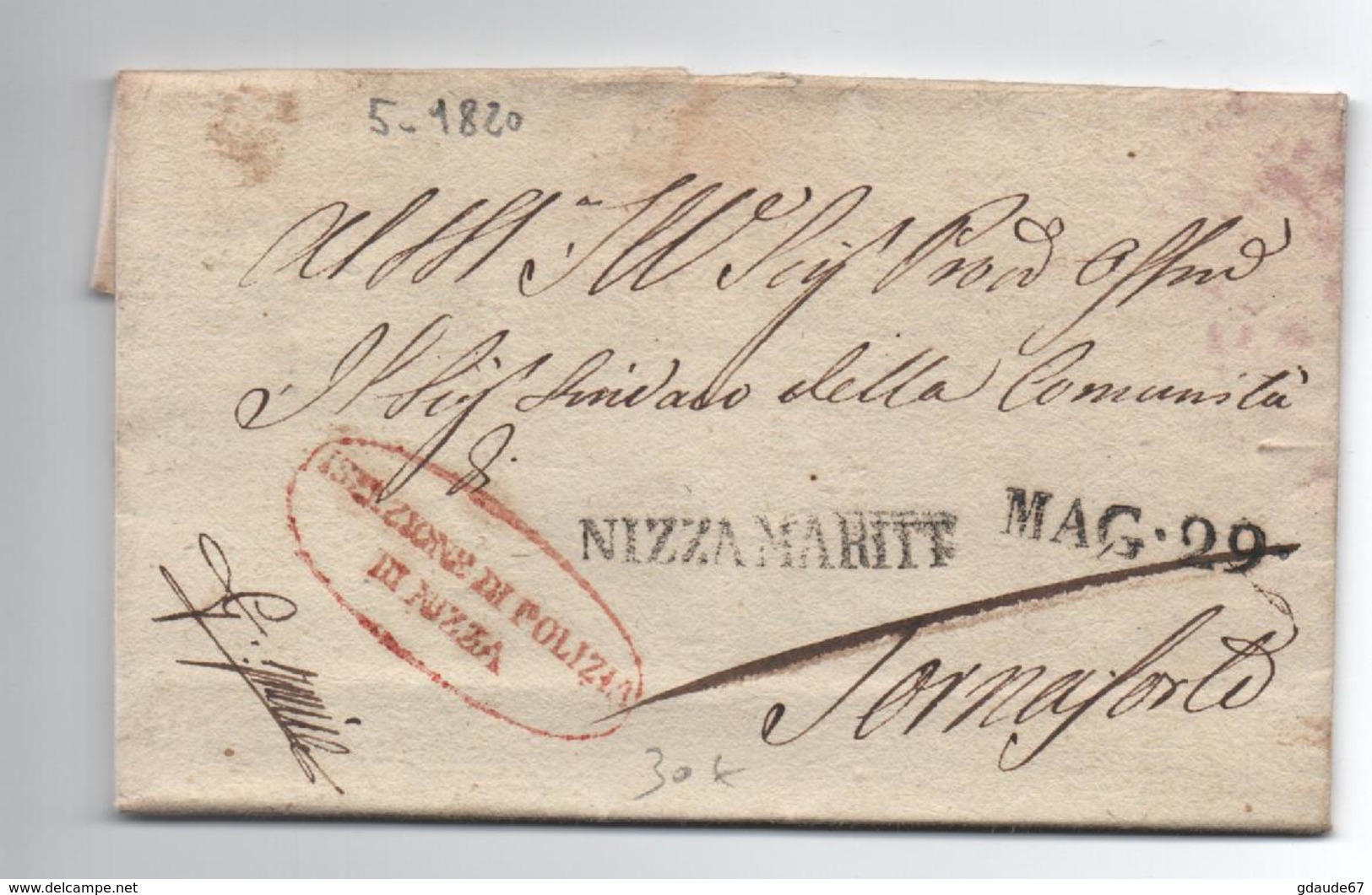1820 - LETTRE De NICE Avec FRANCHISE "ISPEZIONE DI POLIZIA DI NIZZA" + MP NIZZA MARITT - 1801-1848: Precursors XIX