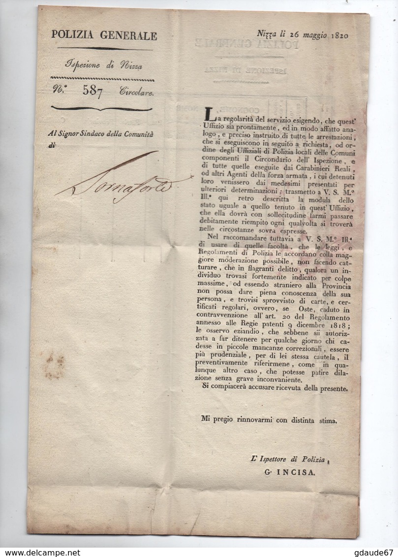 1820 - LETTRE De NICE Avec FRANCHISE "ISPEZIONE DI POLIZIA DI NIZZA" + MP NIZZA MARITT - 1801-1848: Precursors XIX