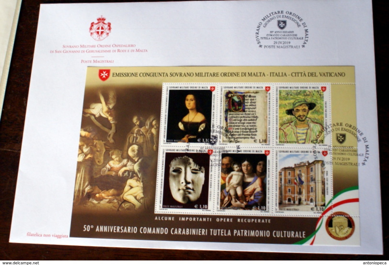 SMOM 2019. 5OTH ANNIV. FOUNDATION CARABINIERI TUTELA PATRIMONIO CULTURALE SHEET FDC - Malta (la Orden De)