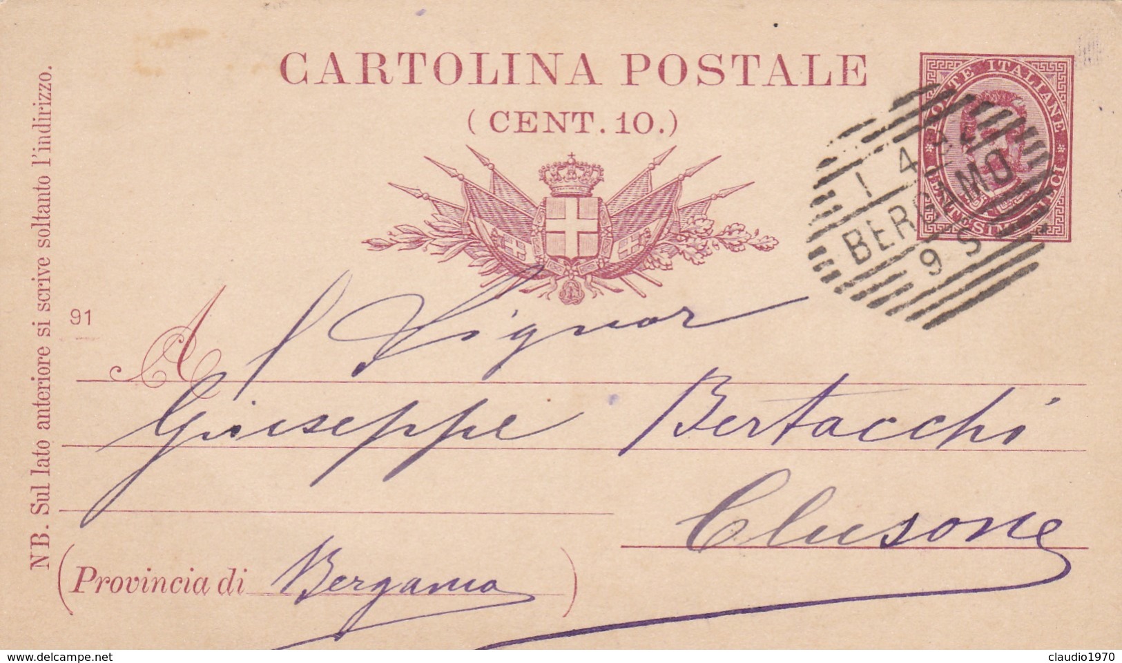 INTERO POSTALE CENT. 10 - BERGAMO - VIAGGIATA  PER CLUSONE( BERGAMO - Entero Postal