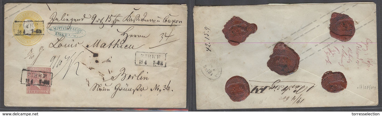 GERMAN STATES-PRUSIA. 1860 (19 April). Zirke- Berlin. 5gr Reg Stat Env 1gr Rose Adtl Stamp Tied Name Town Ds Alongside. - Other & Unclassified