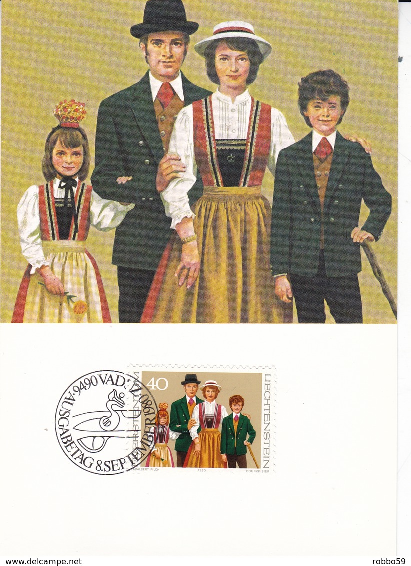 Liechtenstein 1980 Traditional Costumes Set Of 3 Maximum Cards And Original Envelope - Maximum Cards