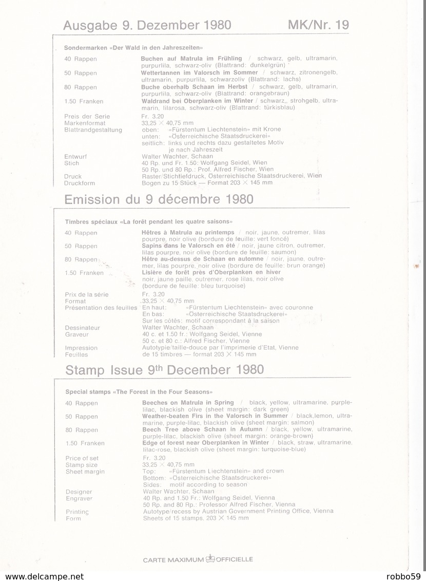 Liechtenstein 1980 The Forest In 4 Seasons Set Of 4 Maximum Cards And Original Envelope - Maximumkarten (MC)