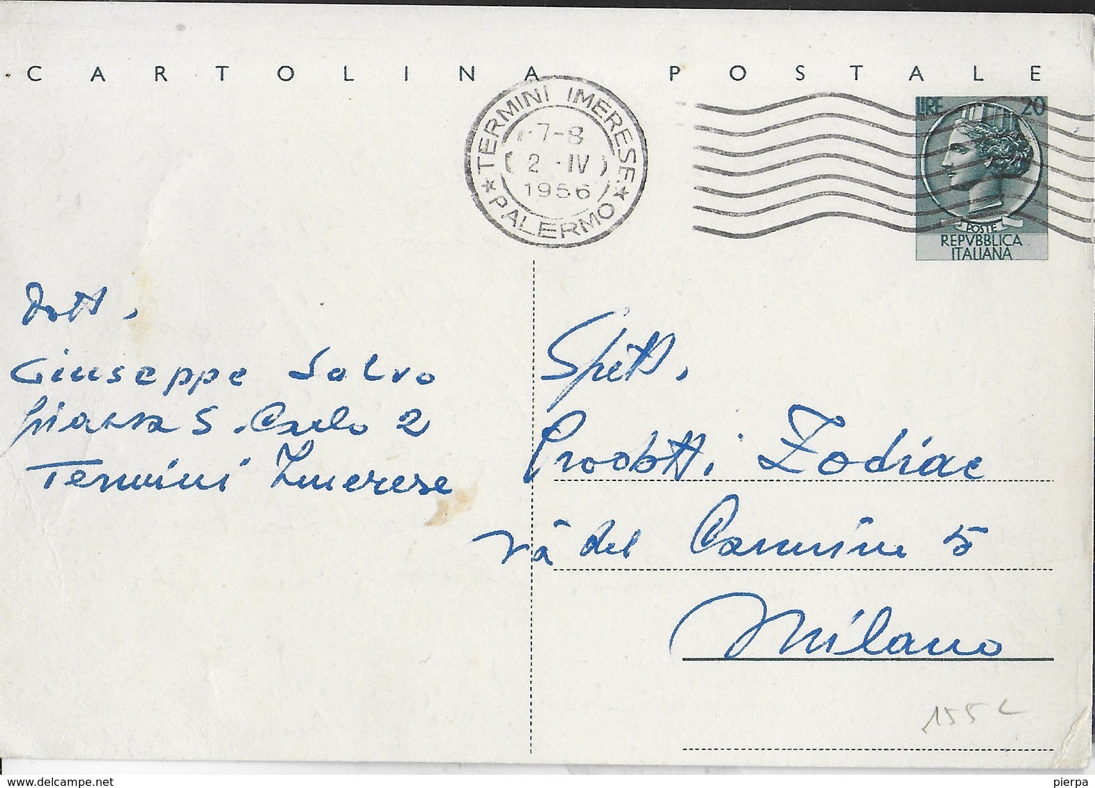 STORIA POSTALE REPUBBLICA - ANNULLO MECCANICO A 7 CURVE TERMINI IMERESE/PALERMO 02.04.1956 SU INTERO TURRITA LIRE 20 - 1946-60: Marcophilie