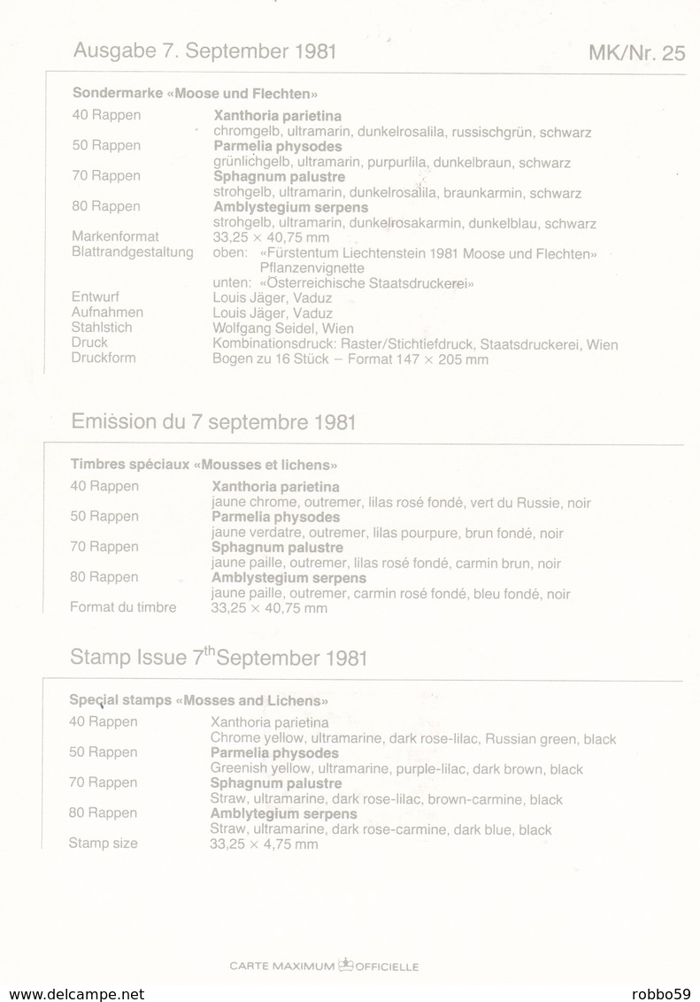 Liechtenstein 1981 Mosses And Lichens Set Of 4 Maximum Cards And Original Envelope - Maximum Cards