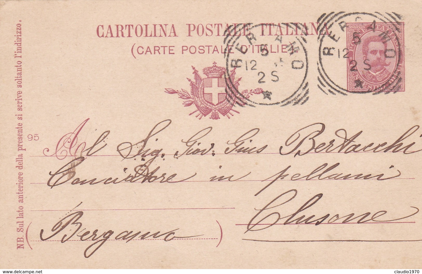 INTERO POSTALE CENT. 10 - BERGAMO - VIAGGIATA PER CLUSONE ( BERGAMO) - Entiers Postaux