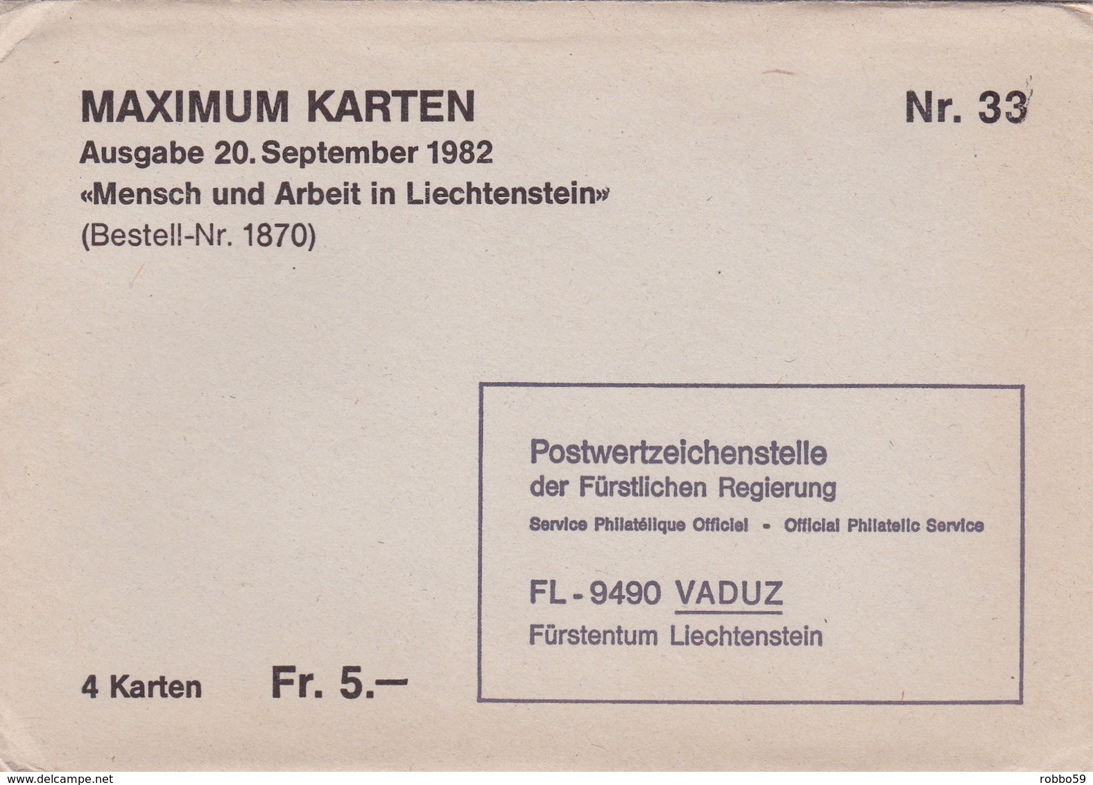 Liechtenstein 1982 Man And Work Set Of 4 Maximum Cards With Original Envelope - Cartas Máxima