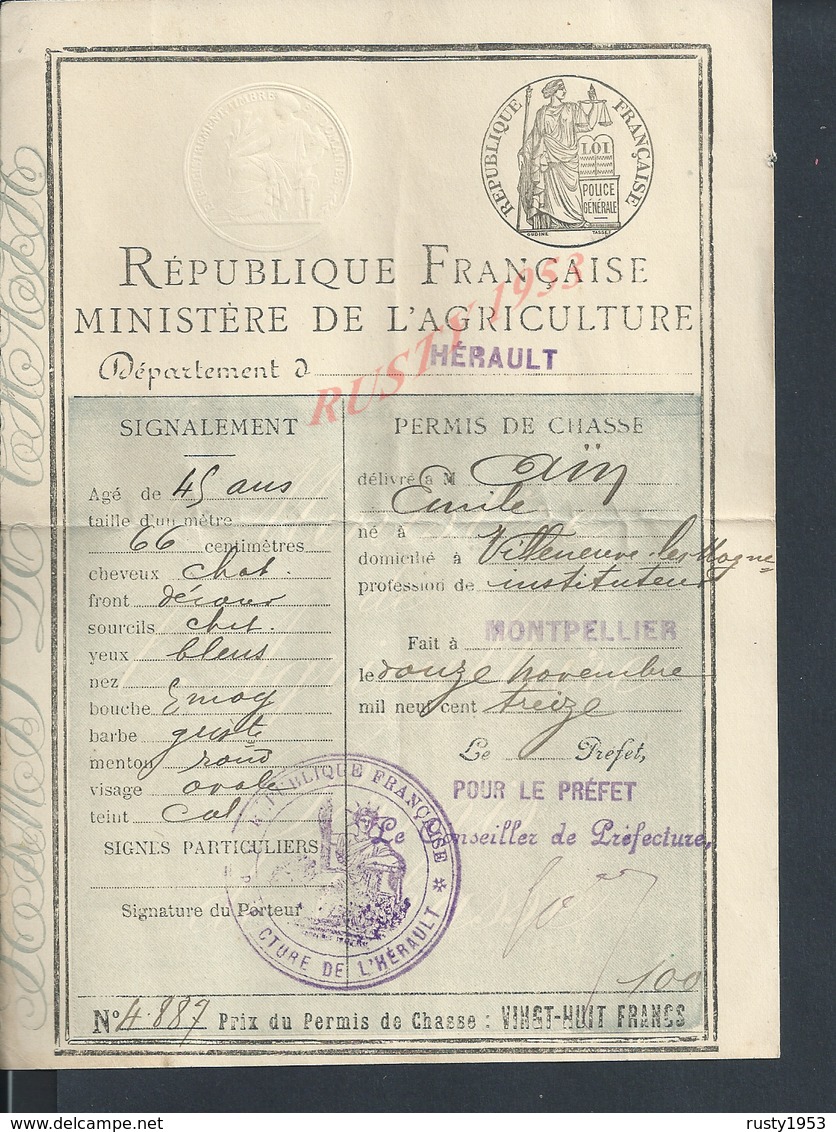 PERMIS DE CHASSE DE Mr AÏN EMILE NÉ À VILLENEUVE LES MAYNE  DÉPT HÉRAULT FAIT À MONTPELLIER : - Autres & Non Classés