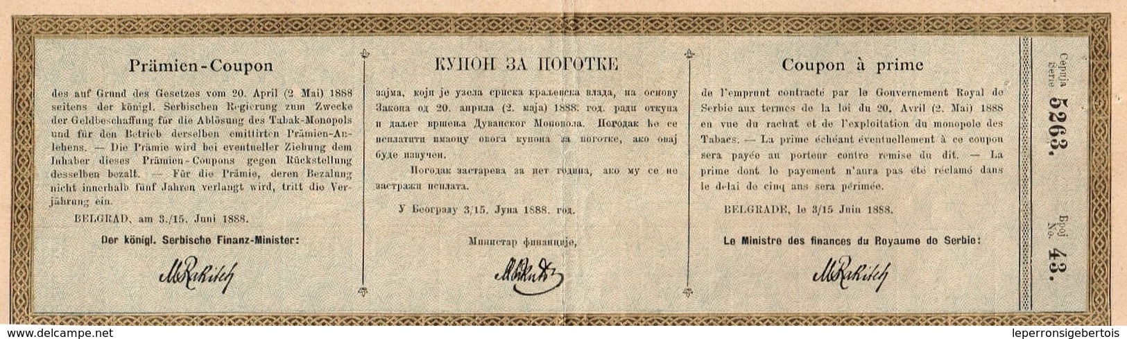 Obligation Ancienne - Emprunt à Primes Du Royaume De Serbie - Titre De 1888 - A - C