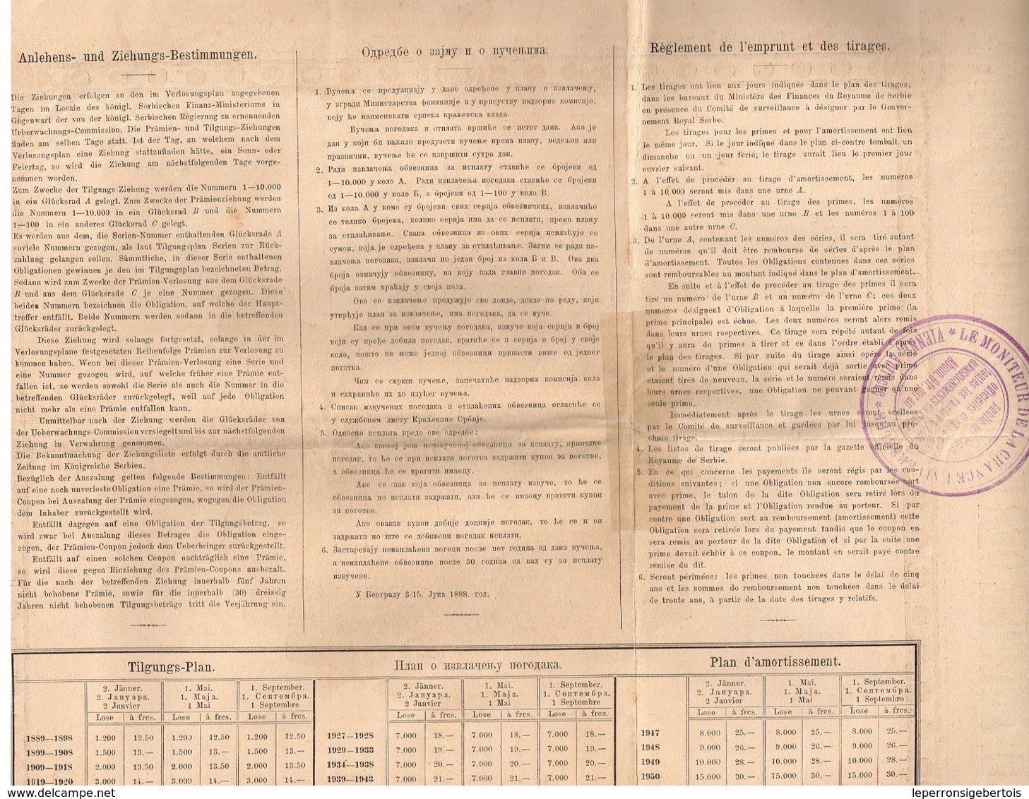 Obligation Ancienne - Emprunt à Primes Du Royaume De Serbie - Titre De 1888 - A - C