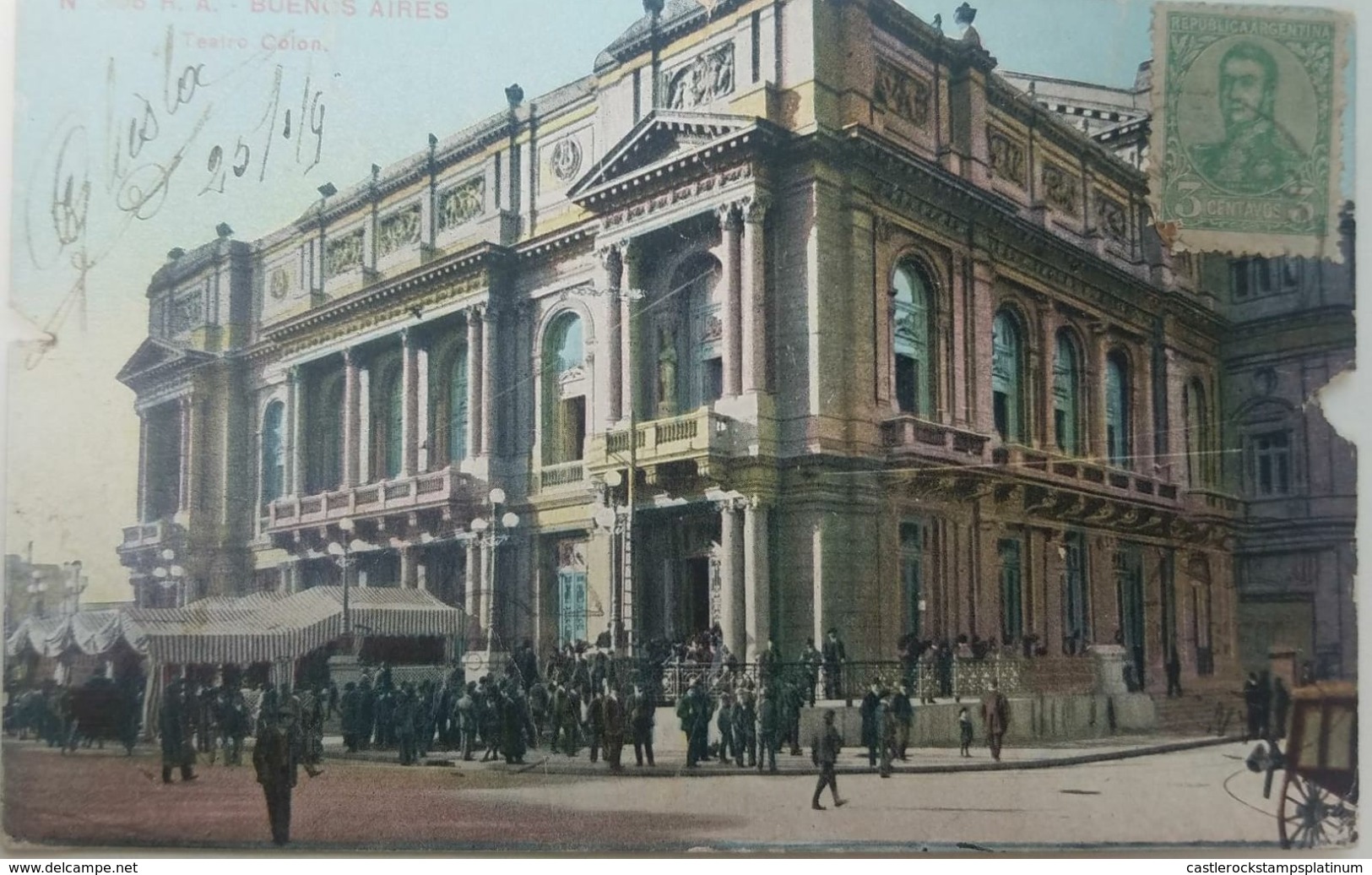 O) 1909 ARGENTINA, TEATRO COLON-THEATER FROM 1888, SAN MARTIN 5c Green,OLD POSTAL CARD XF - Argentina