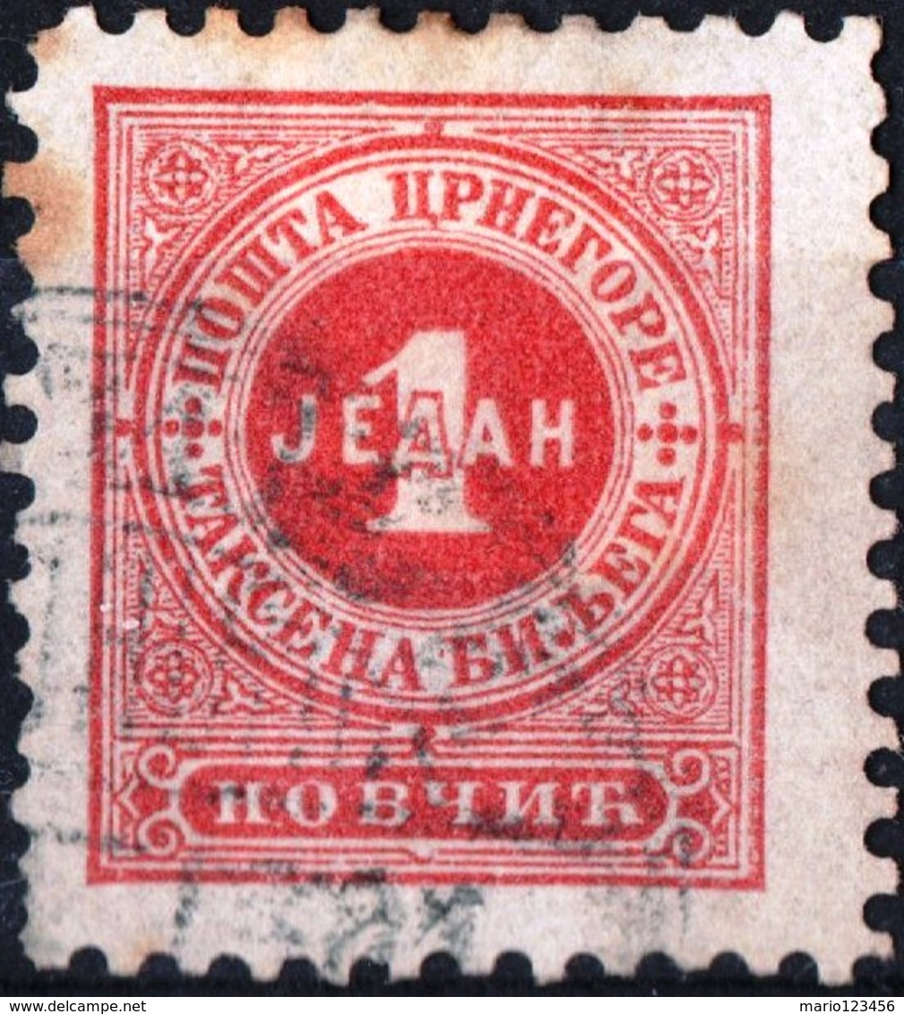 MONTENEGRO, SEGNATASSE, POSTAGE DUE STAMP, 1894, 1 N., FRANCOBOLLO USATO Mi. P1A,  Scott J1, YT T1 - Montenegro