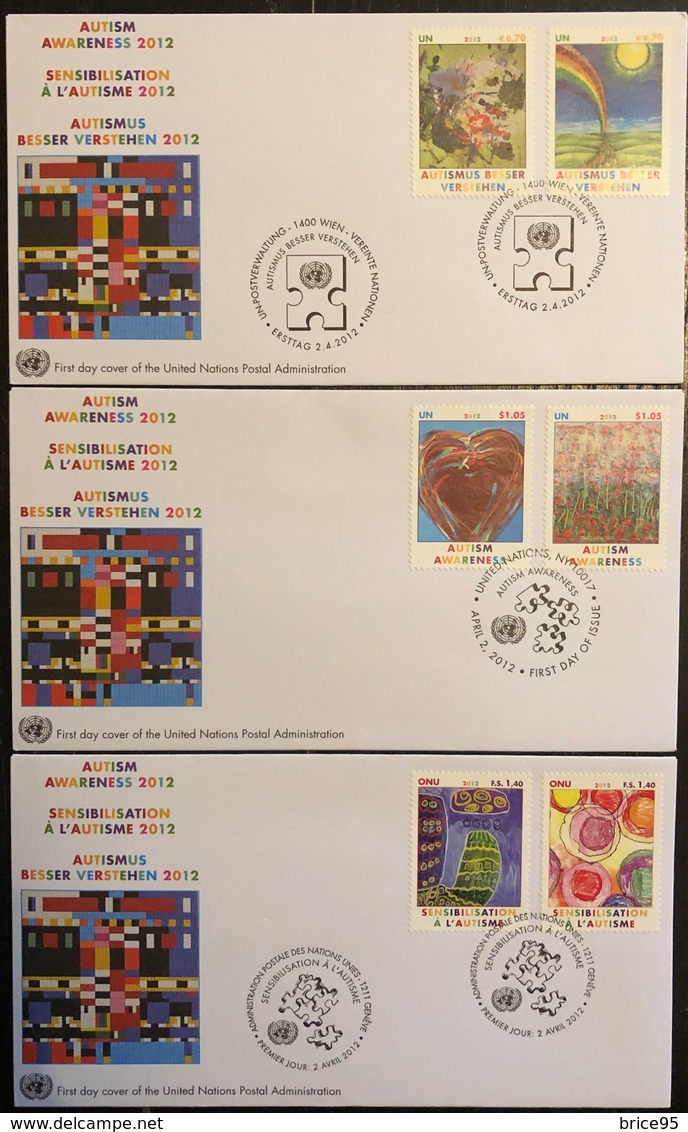 Nations Unies FDC - Premier Jour - Lot De 3 FDC - Thématique Sensibilisation De L’autisme - 2012 - Lots & Serien