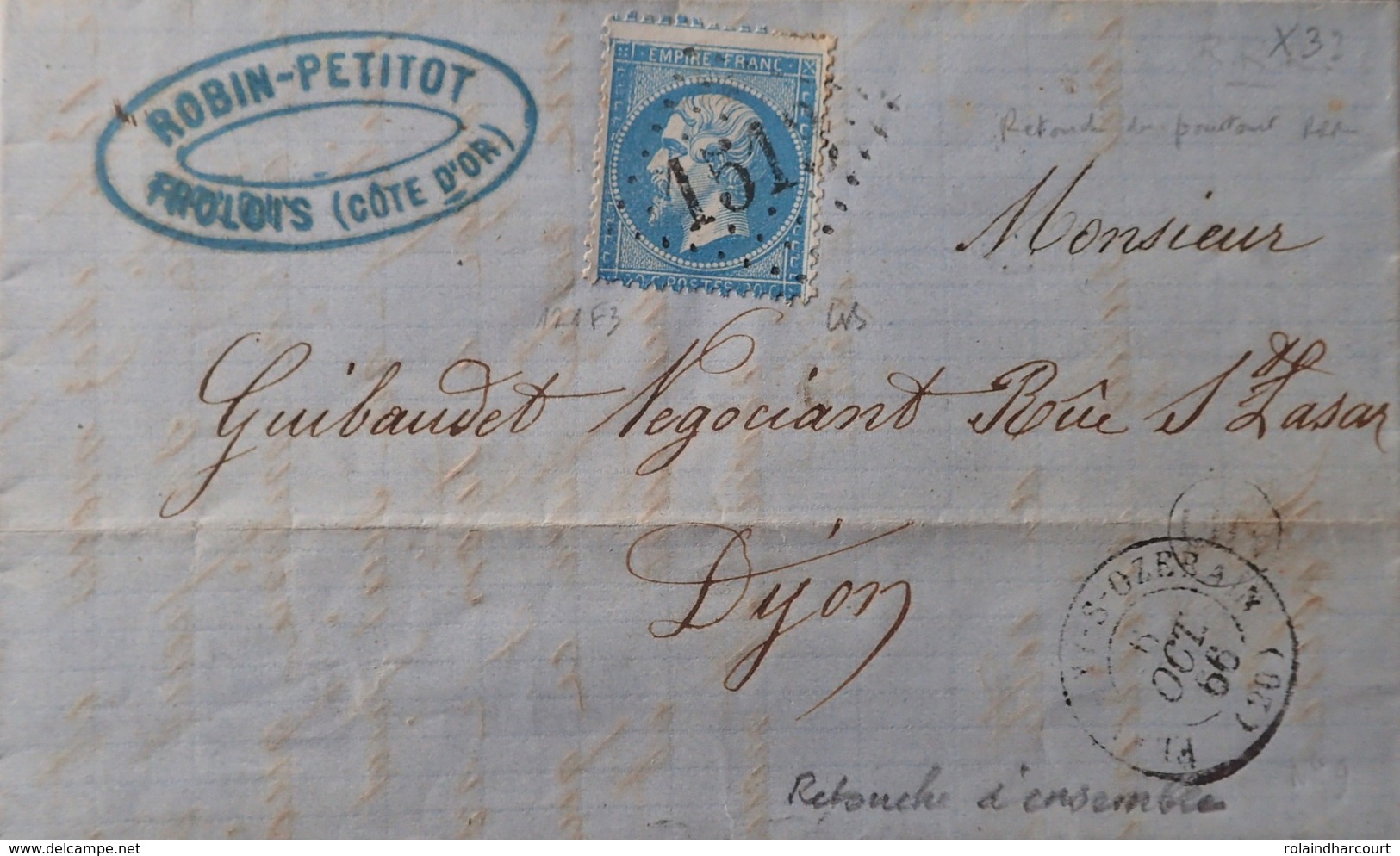 R1917/157 - NAPOLEON III N°22 Sur ✉️ De FLAVIGNY-S-OZERAIN à LYON - VARIETE ➤ Grosse Retouche Du Pourtour (RARE +++) - 1862 Napoléon III