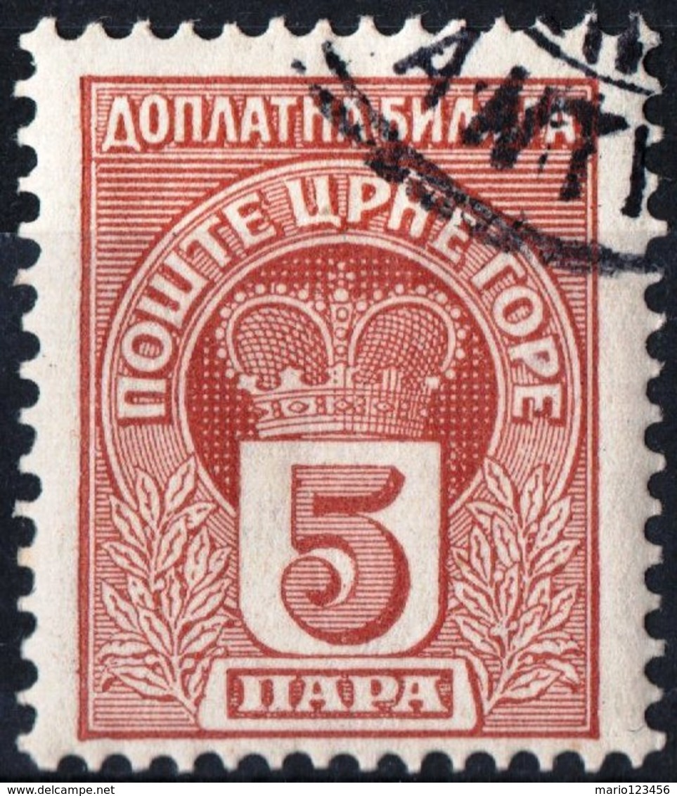 MONTENEGRO, SEGNATASSE, POSTAGE DUE STAMP, 1907, 5 Pa. FRANCOBOLLO USATO Mi. P19,  Scott J19, YT T20 - Montenegro