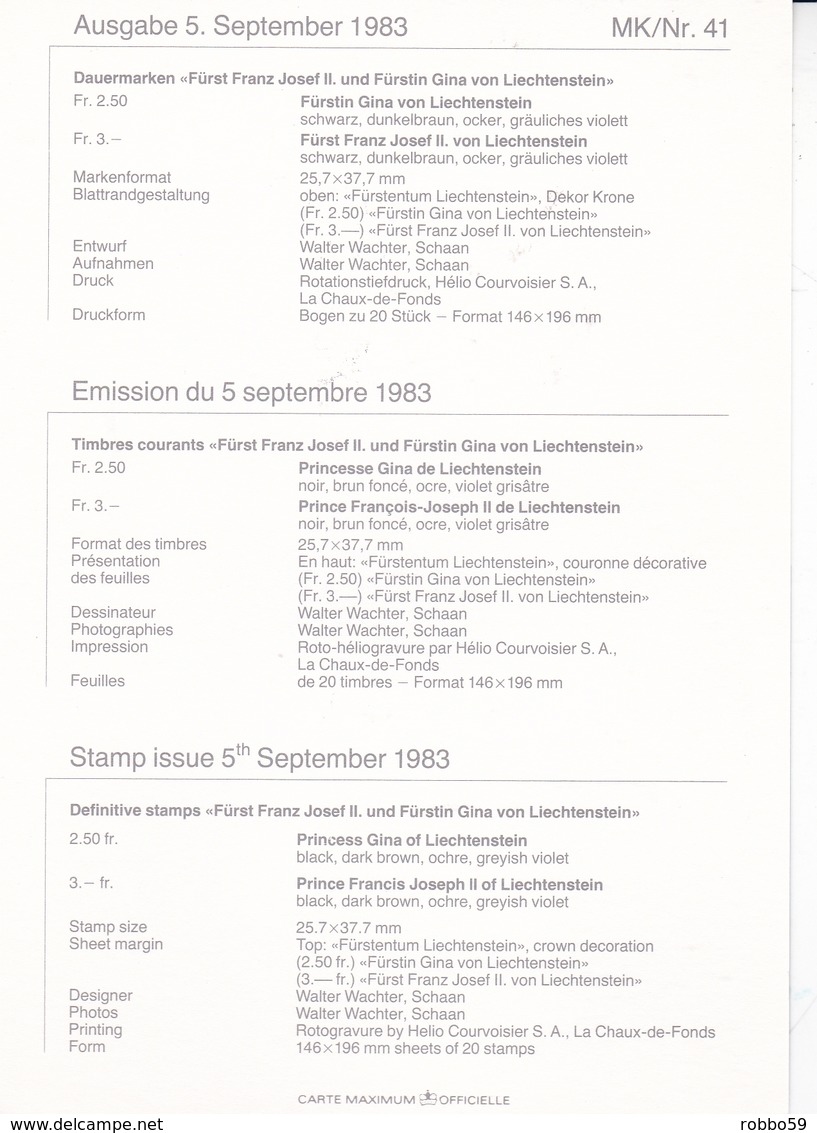 Liechtenstein 1983 Franz Josef II And Gina Von Liechtenstein Set Of 2 Maximum Cards - Maximum Cards