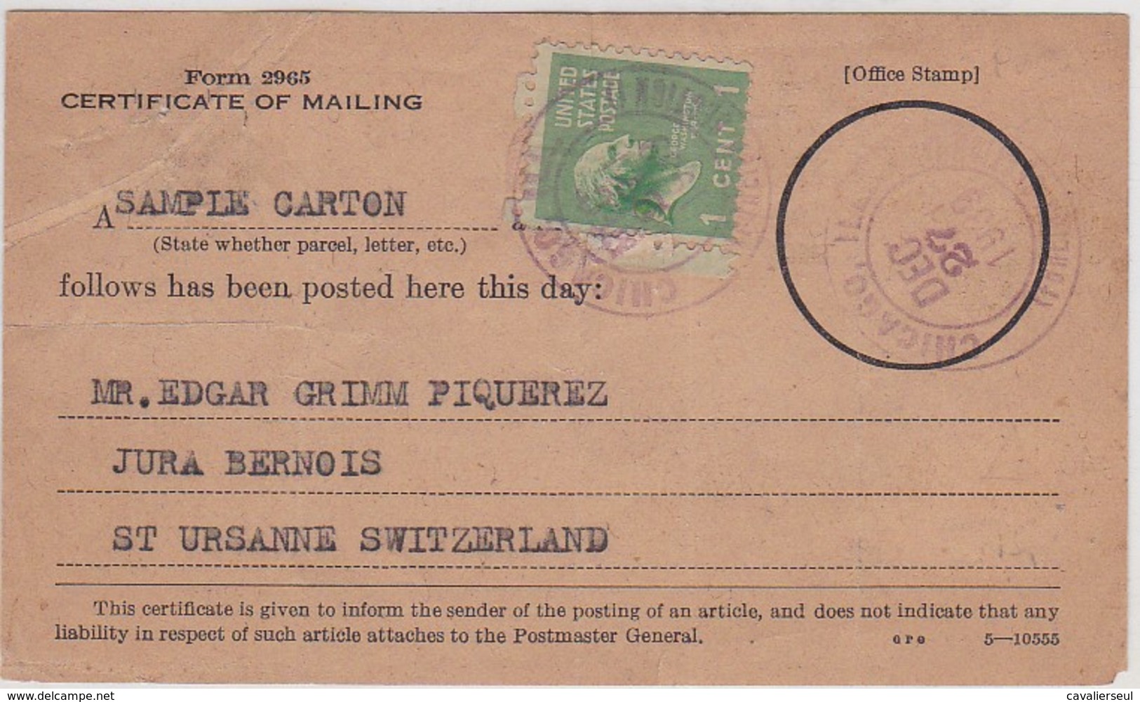 CERTIFICATE OF MAILING - CHICAGO / 27 DEC. 1939 - Brieven En Documenten