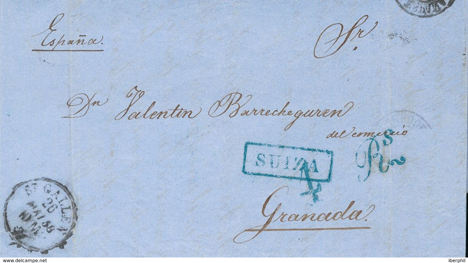 Sobre . 1858. SAINT GALLEN (SUIZA) A GRANADA. Marca Rectangular SUIZA, En Azul De La Junquera, Aplicada Para Indicar El  - Otros & Sin Clasificación