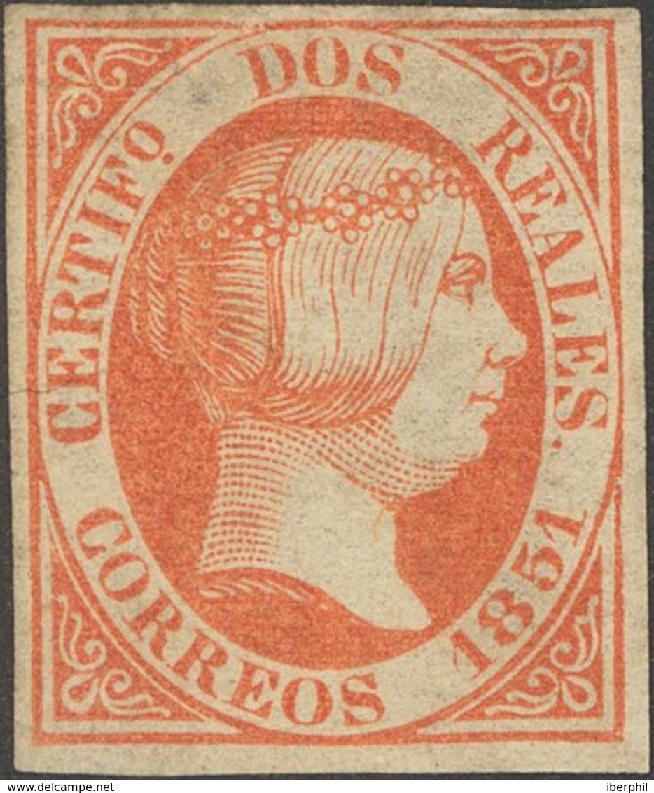 *8. 1851. 2 Reales Rojo (ínfimo Puntito Claro). Espectacular Presencia Con Amplios Márgenes Y Color Intenso. MAGNIFICO Y - Altri & Non Classificati