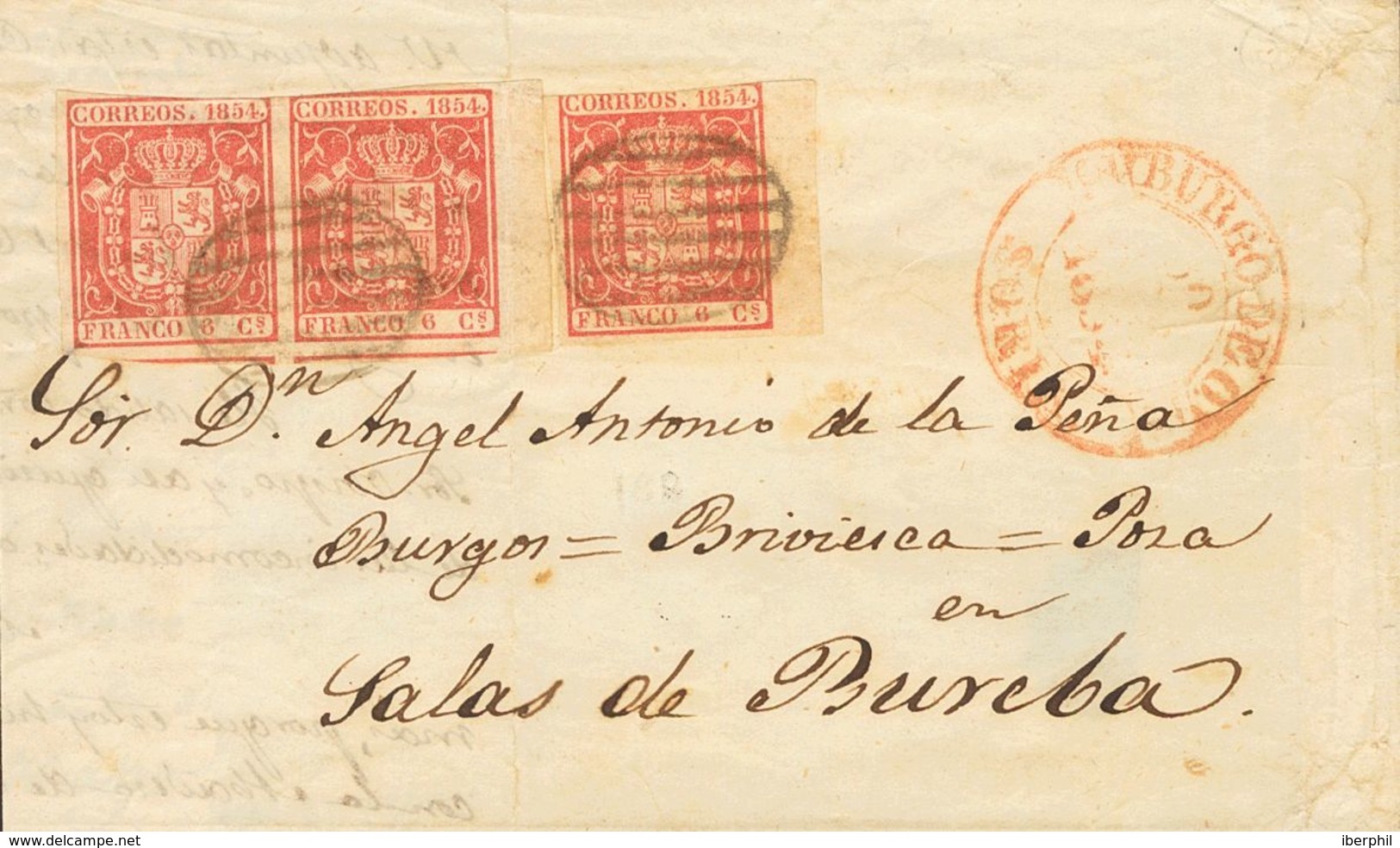 Sobre 24(3). 1854. 6 Cuartos Carmín, Pareja Y Sello Suelto (bordes De Hoja). BURGO DE OSMA A SALAS DE BUREBA. MAGNIFICA  - Sonstige & Ohne Zuordnung