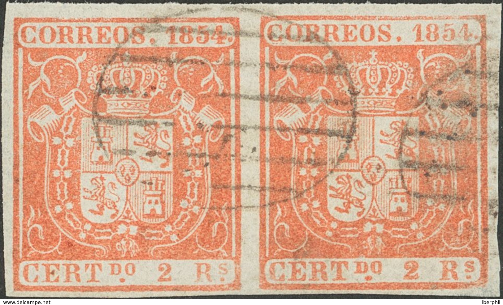 º25(2). 1854. 2 Reales Rojo, Pareja. Márgenes Enormes. MAGNIFICO. - Other & Unclassified