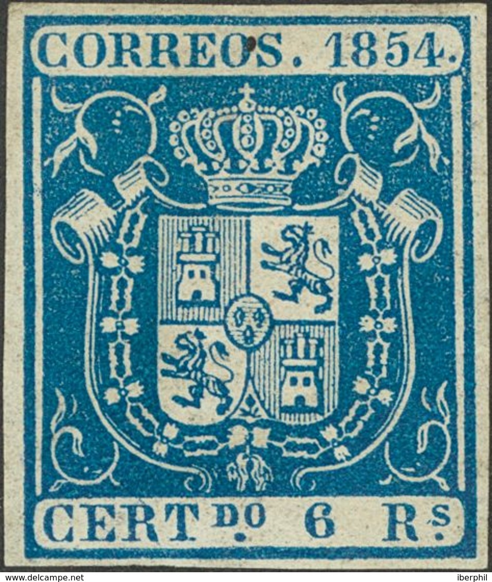 *27. 1854. 6 Reales Azul (ínfimo Puntito De Tinta En El Cartucho Superior). MAGNIFICO Y RARISIMO SELLO EN NUEVO. Cert. C - Andere & Zonder Classificatie