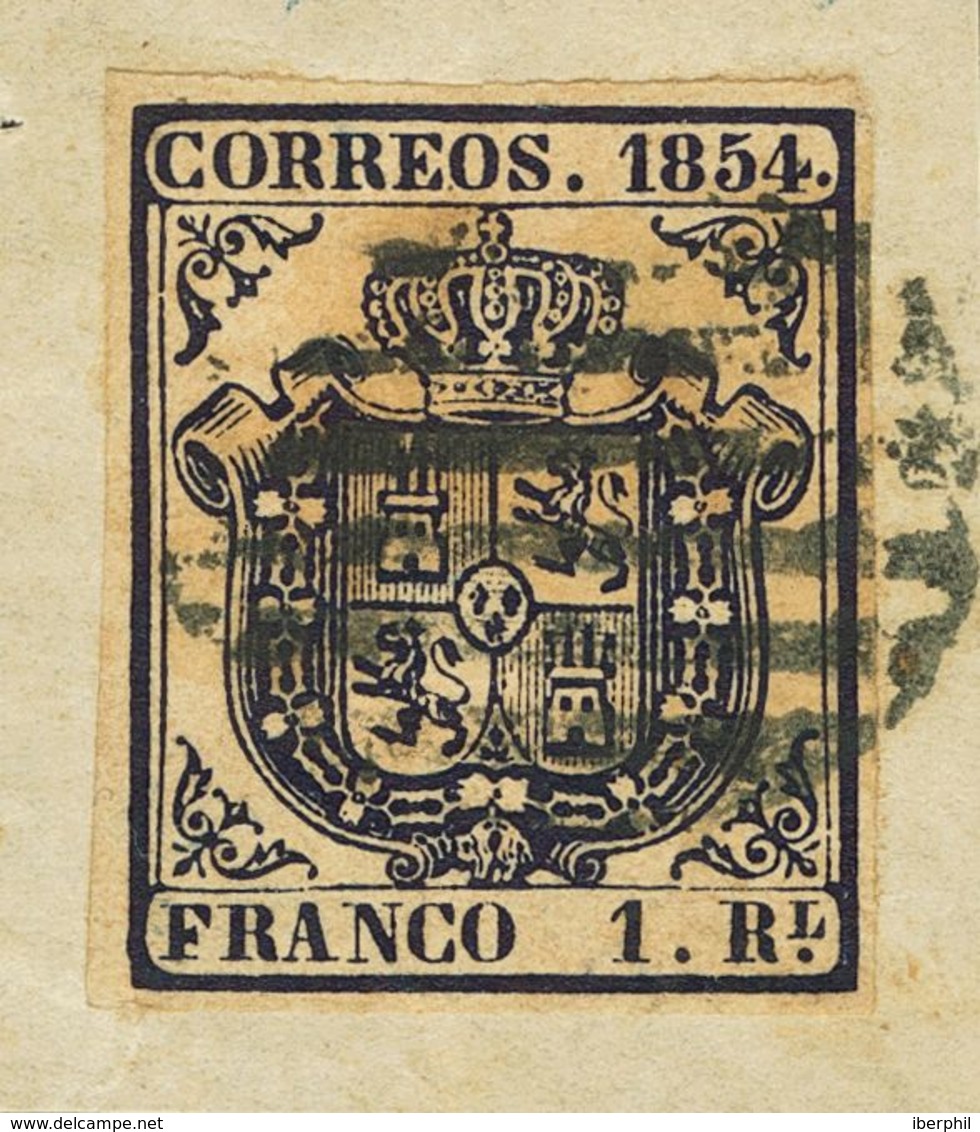 º34. 1854. 1 Real Azul Oscuro, Sobre Pequeño Fragmento. MAGNIFICO. - Otros & Sin Clasificación