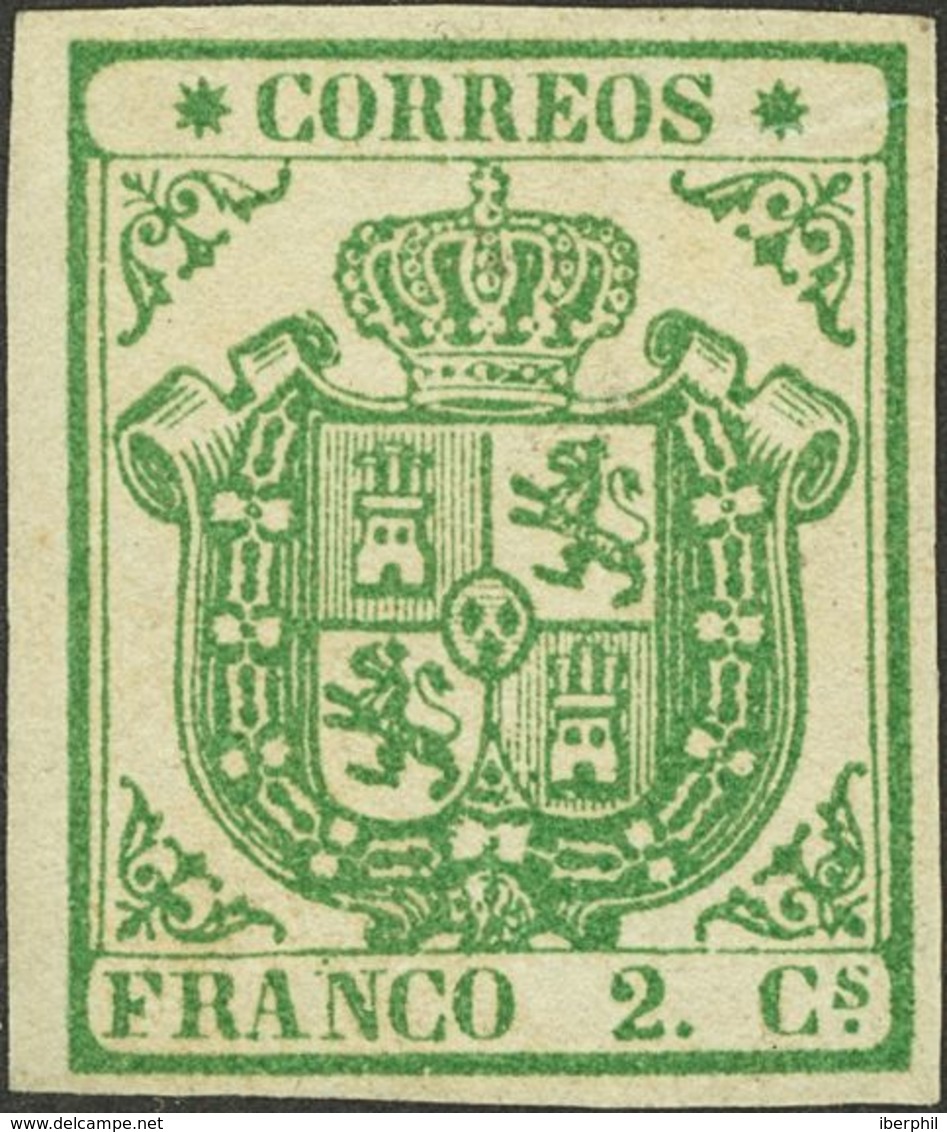 (*)32A. 1854. 2 Cuartos Verde PAPEL GRUESO AZULADO, Borde De Hoja (manchitas Del Tiempo Limpiadas). Enormes Márgenes Y C - Otros & Sin Clasificación