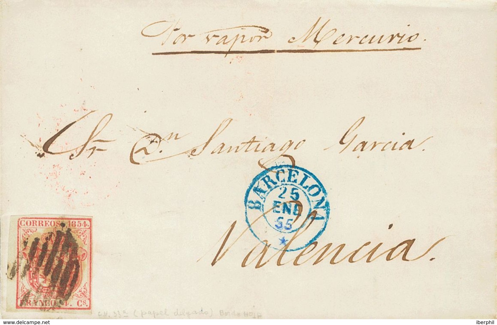 Sobre 33. 1855. 4 Cuartos Rosa. BARCELONA A VALENCIA. En El Frente Manuscrito "Vapor Mercurio". MAGNIFICA. - Other & Unclassified