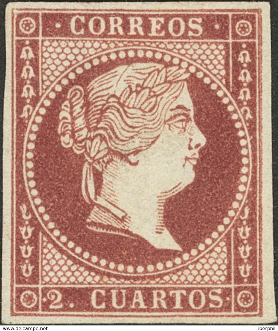 (*)39P. 1855. 2 Cuartos Carmín Castaño. ENSAYO DE COLOR. MAGNIFICO Y RARO. (Gálvez 140) - Andere & Zonder Classificatie