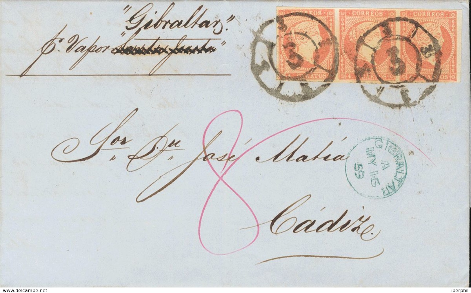 Sobre 48(3). 1859. 4 Cuartos Rojo, Tira De Tres. Por Vapor Gibraltar De GIBRALTAR A CADIZ. MAGNIFICA Y RARISIMA TASADA C - Autres & Non Classés