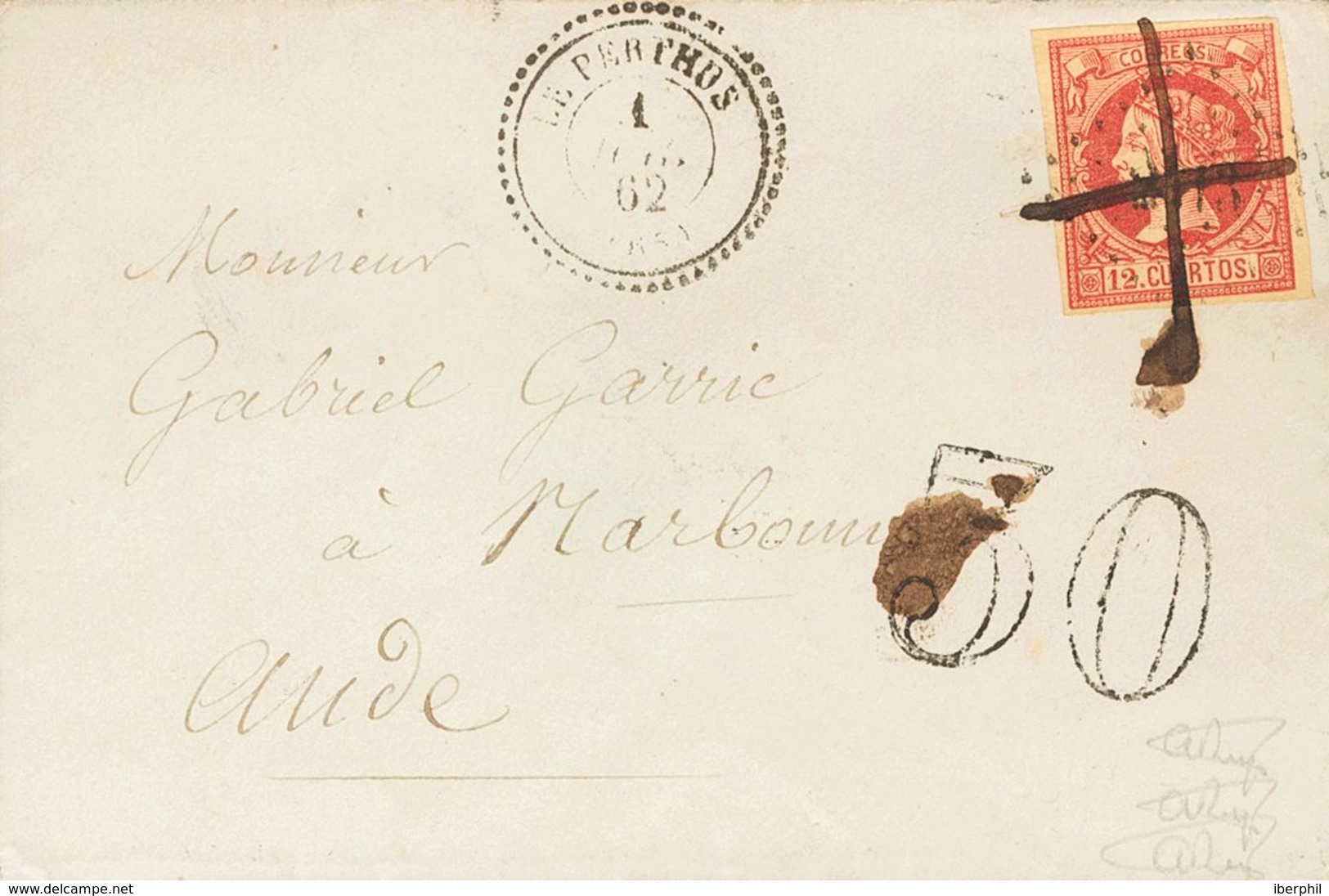 Sobre 53. 1862. 12 Cuartos Carmín. FIGUERAS A NARBONA (FRANCIA). La Carta Fue Depositada En El Correo Francés De Le Pert - Andere & Zonder Classificatie