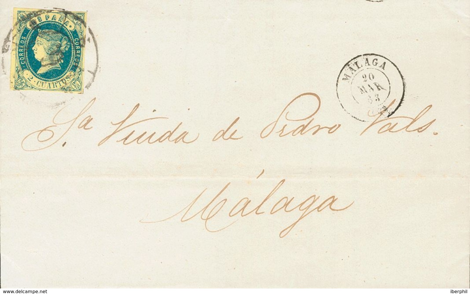 Sobre 57. 1863. 2 Cuartos Azul. Correo Interior De MALAGA. Matasello R.CARRETA Nº6. MAGNIFICA. - Altri & Non Classificati