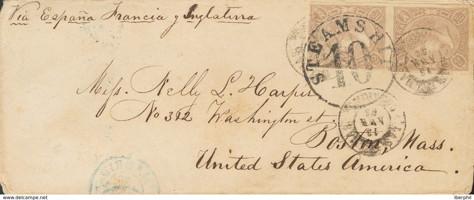 Sobre 73(2). 1865. 2 Reales Lila, Pareja. LAS PALMAS A BOSTON (USA). Matasello LAS PALMAS / CANARIAS. MAGNIFICA Y RARA. - Sonstige & Ohne Zuordnung