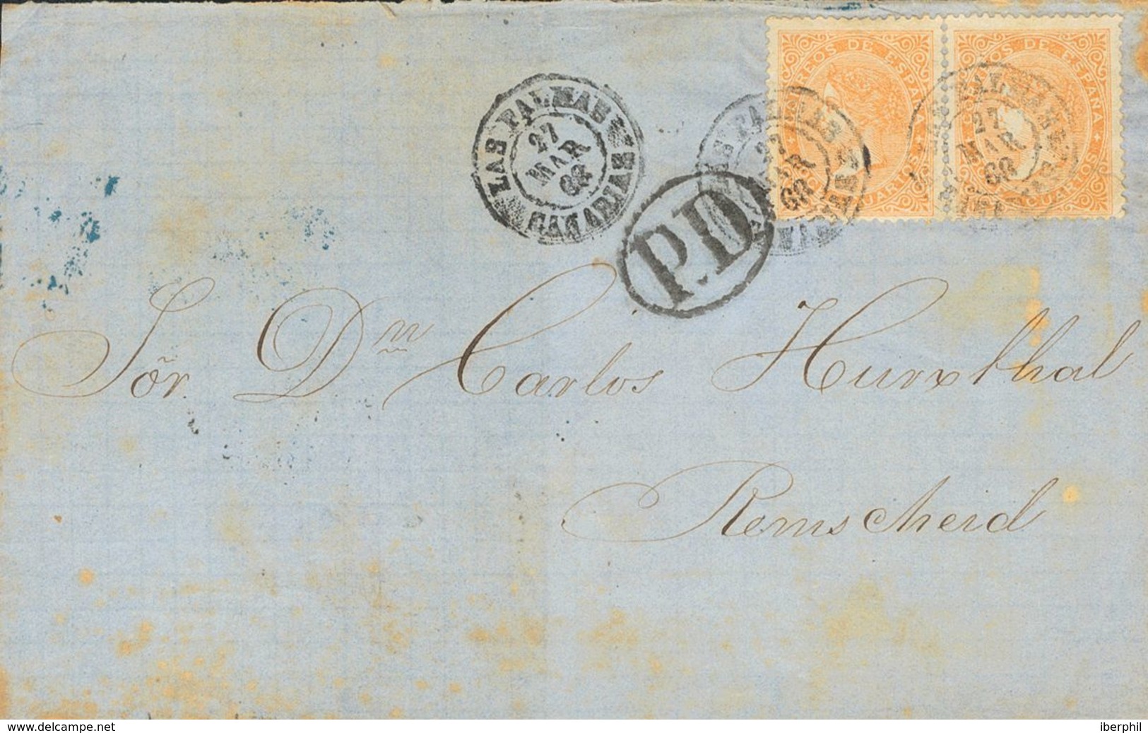 Sobre 89A(2). 1868. 12 Cuartos Naranja, Dos Sellos. Frontal De LAS PALMAS A REMSCHEID (ALEMANIA). Matasello LAS PALMAS / - Other & Unclassified