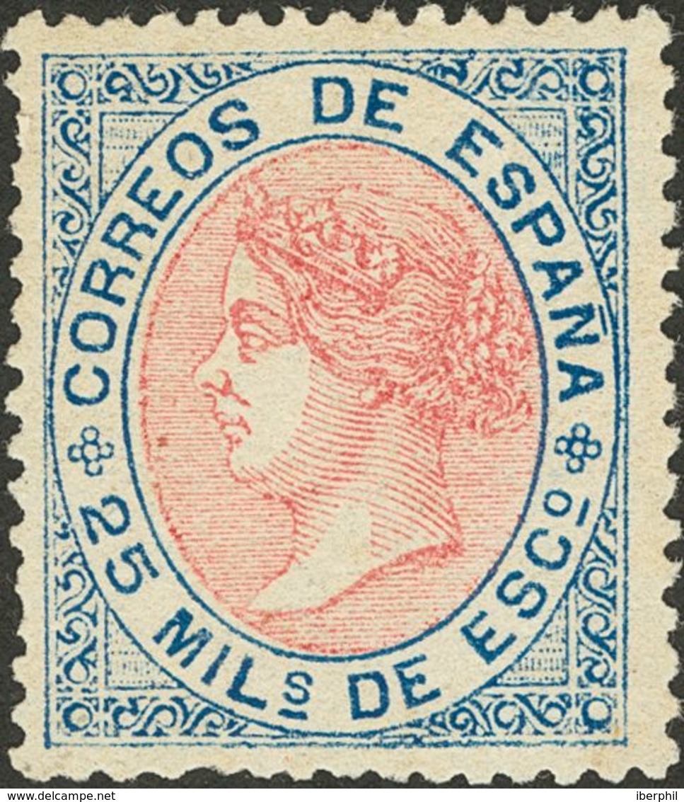 (*)95. 1867. 25 Mils Azul Y Rosa. MAGNIFICO. Cert. CEM. Edifil 2018: 340 Euros - Autres & Non Classés