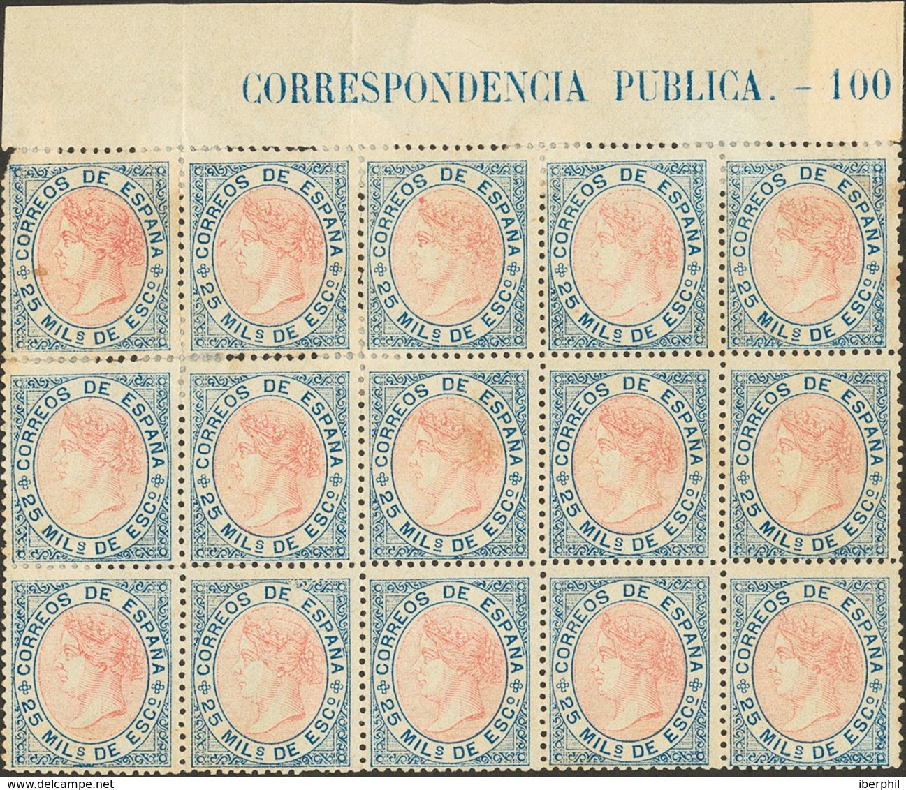 (*)95(15). 1867. 25 Mils Azul Y Rosa, Bloque De Quince Sellos, Borde De Hoja Con Leyenda (conservación Habitual). MAGNIF - Sonstige & Ohne Zuordnung