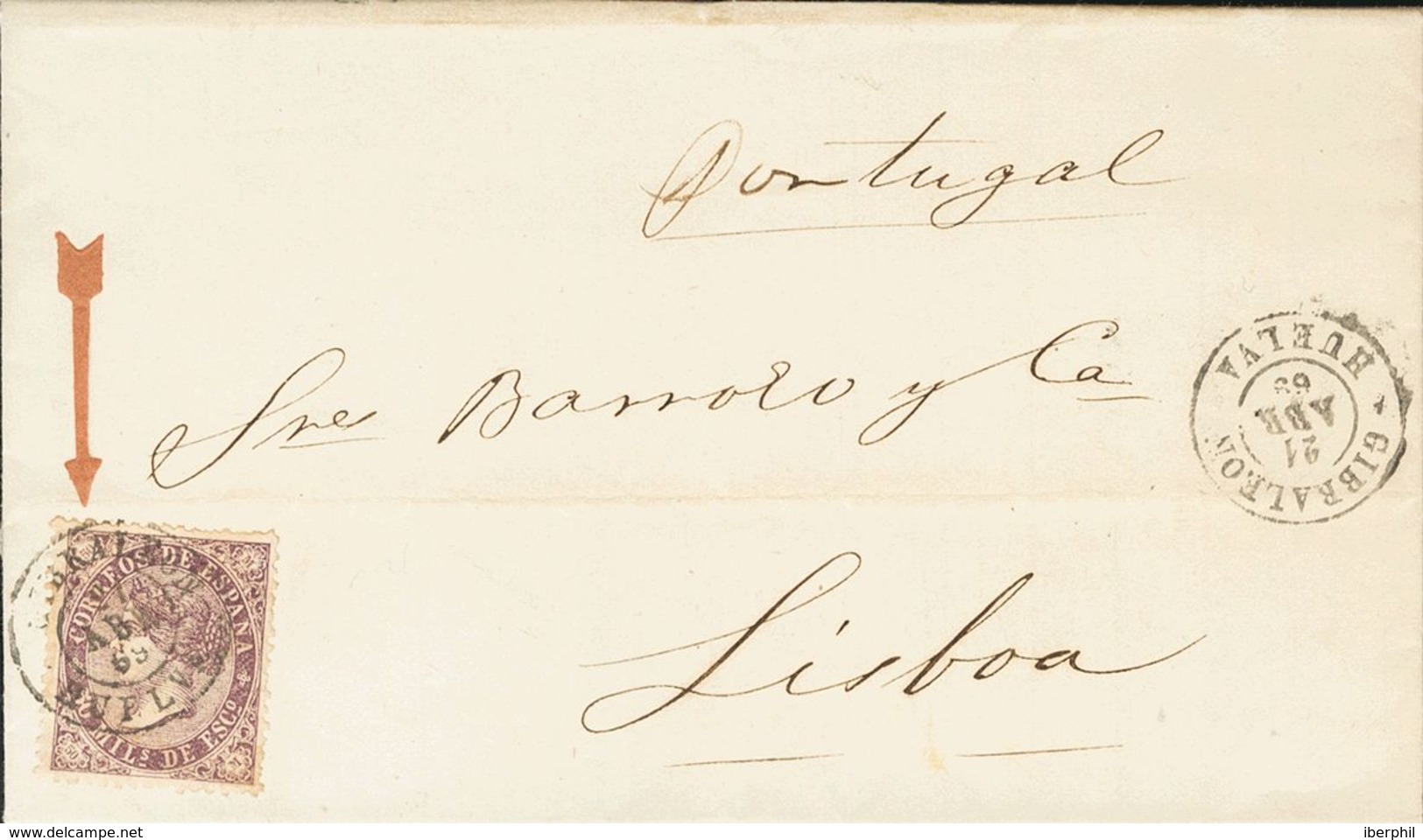 Sobre 98. 1869. 50 Mils Violeta. GIBRALEON A LISBOA. Tarifa De 50 Mils Según El Convenio Con Portugal De Agosto De 1867. - Other & Unclassified