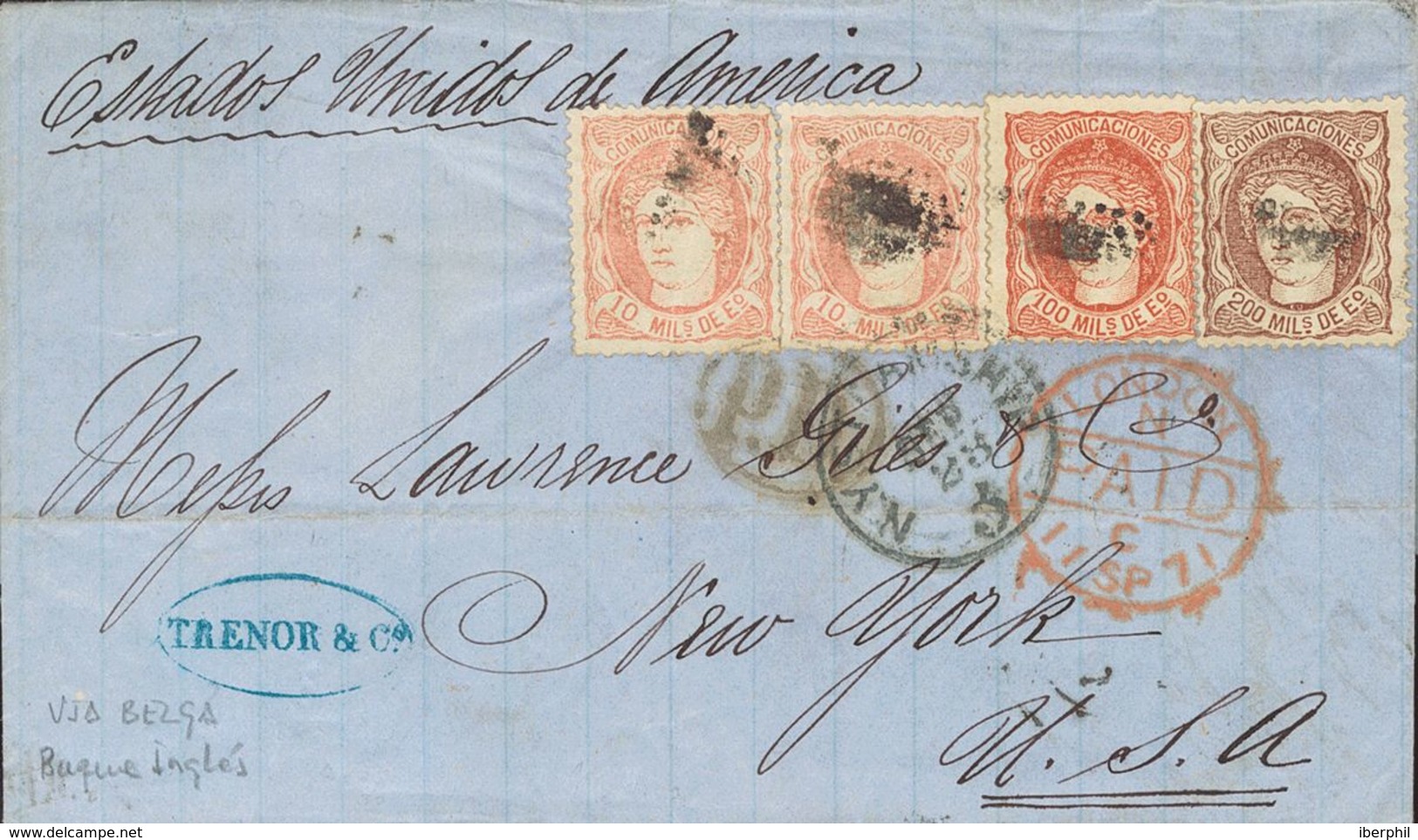 Sobre 105(2), 108, 109. 1871. 10 Mils Rosa, Dos Sellos, 100 Mils Castaño Rojo Y 200 Mils Castaño. VALENCIA A NUEVA YORK  - Other & Unclassified