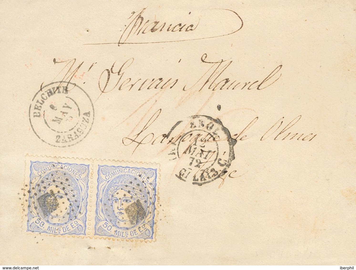 Sobre 107(2). 1872. 50 Mils Ultramar, Pareja. BELCHITE A LARROQUE DE OLMES (FRANCIA), Circulada Con Franqueo Insuficient - Andere & Zonder Classificatie