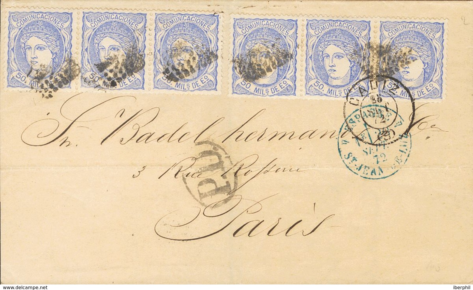 Sobre 107(6). 1872. 50 Mils Ultramar, Dos Tiras De Tres. CADIZ A PARIS (FRANCIA). MAGNIFICA E INUSUAL Y ESPECTACULAR COM - Otros & Sin Clasificación