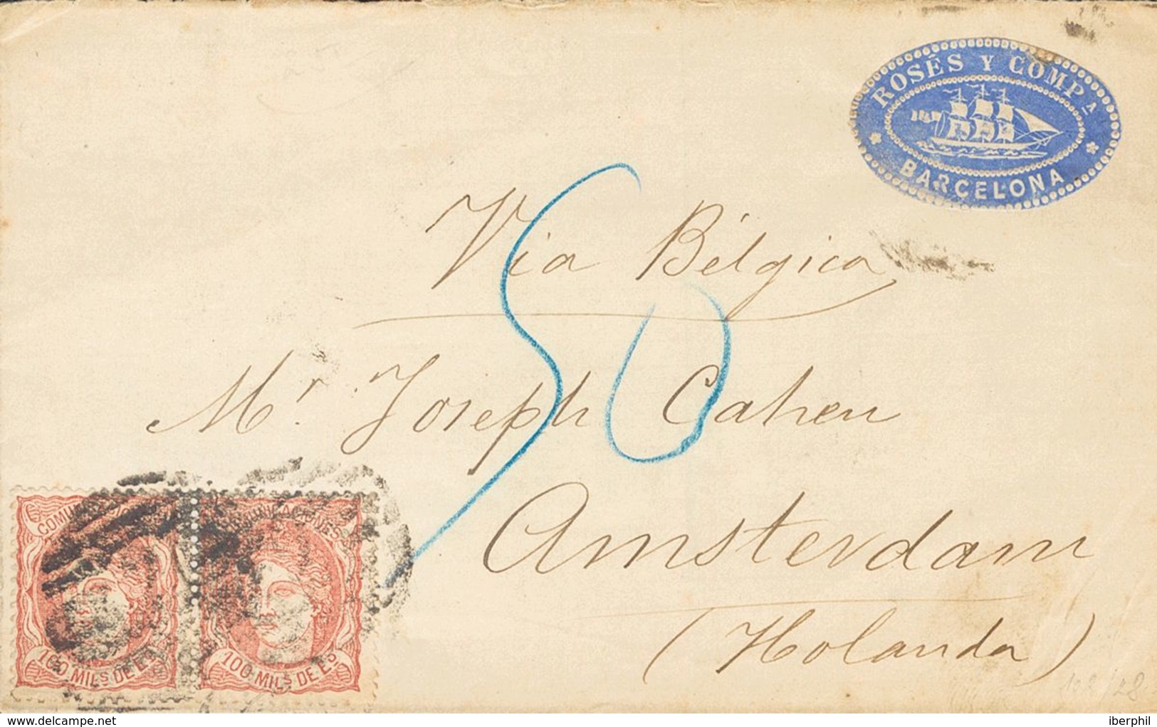 Sobre 108(2). 1871. 100 Mils Castaño Rojo, Pareja. BARCELONA A AMSTERDAM (HOLANDA). Franqueo De 200 Mils Para Cubrir La  - Sonstige & Ohne Zuordnung