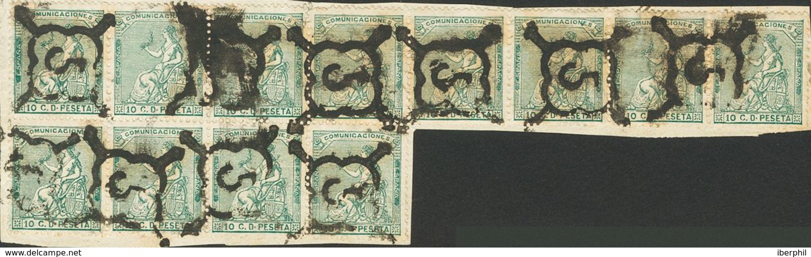 º133(12). 1873. 10 Cts Verde, Bloque De Doce, Sobre Fragmento. Matasello ARAÑA, De Granada. MAGNIFICO. - Sonstige & Ohne Zuordnung