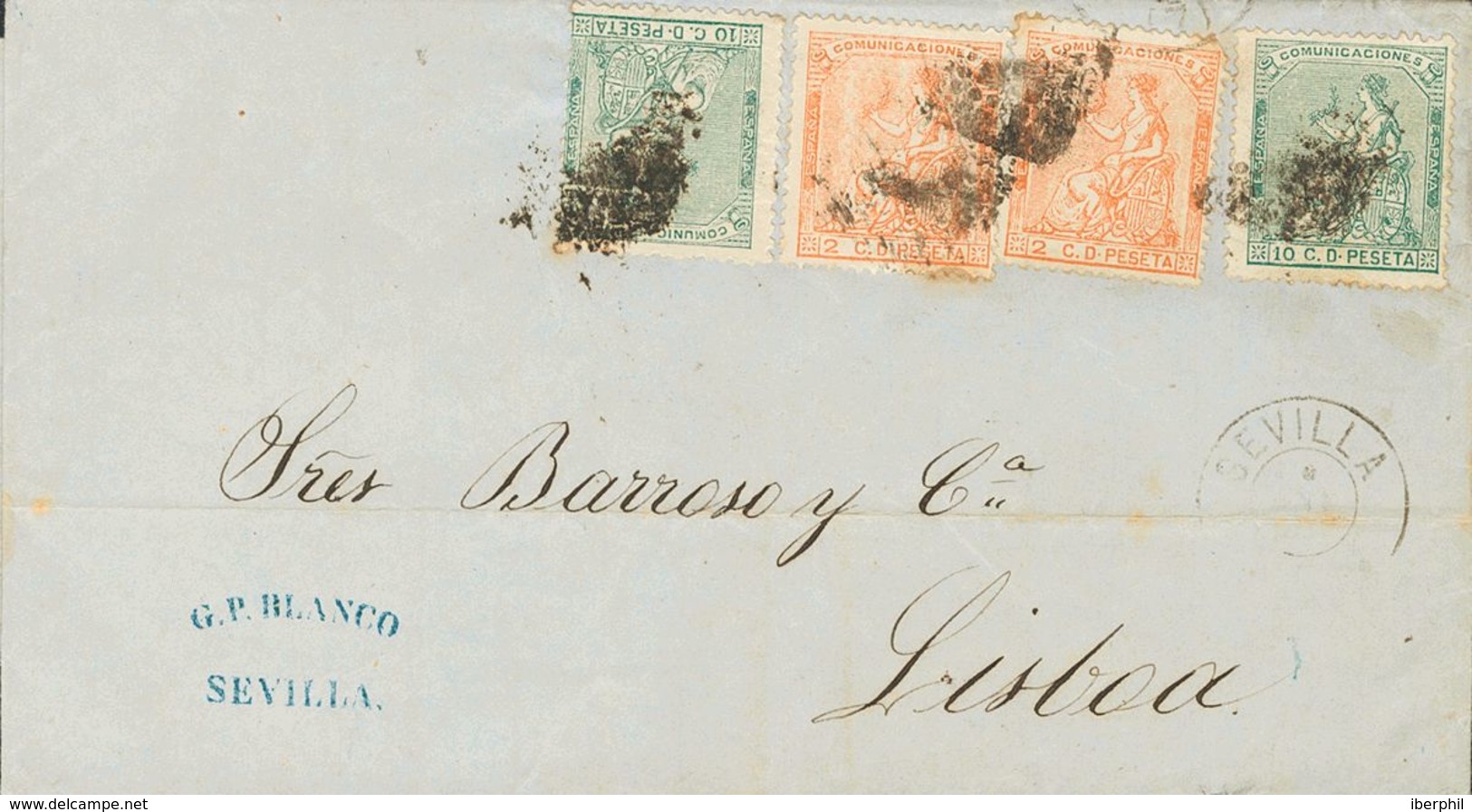 Sobre 131(2), 133(2). 1874. 2 Cts Naranja, Dos Sellos Y 10 Cts Verde, Dos Sellos. SEVILLA A LISBOA (PORTUGAL). MAGNIFICA - Altri & Non Classificati