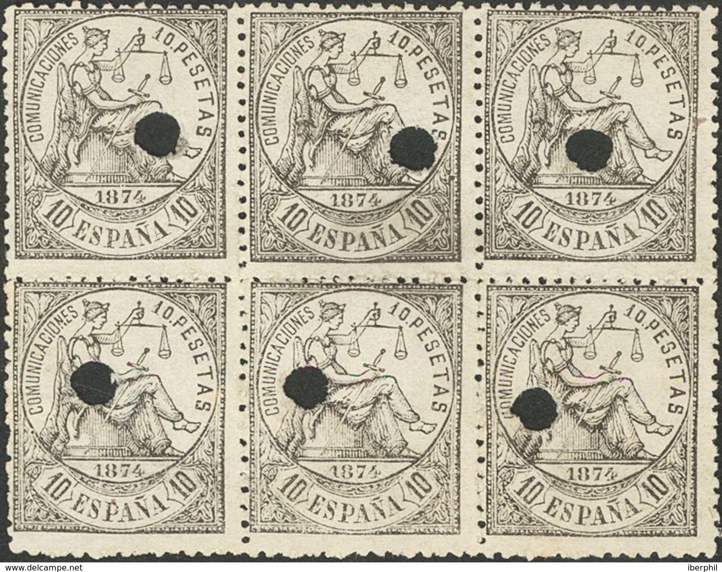 (*)152T(6). 1874. 10 Pts Negro, Bloque De Seis. TALADRADO. MAGNIFICO Y RARISIMO, ESPECTACULAR BLOQUE USADO TELEGRAFICAME - Altri & Non Classificati