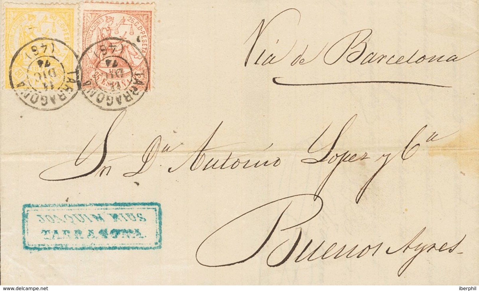 Sobre 147, 149. 1874. 25 Cts Castaño Y 50 Cts Amarillo. TARRAGONA A BUENOS AIRES (ARGENTINA). MAGNIFICA Y RARA. - Autres & Non Classés