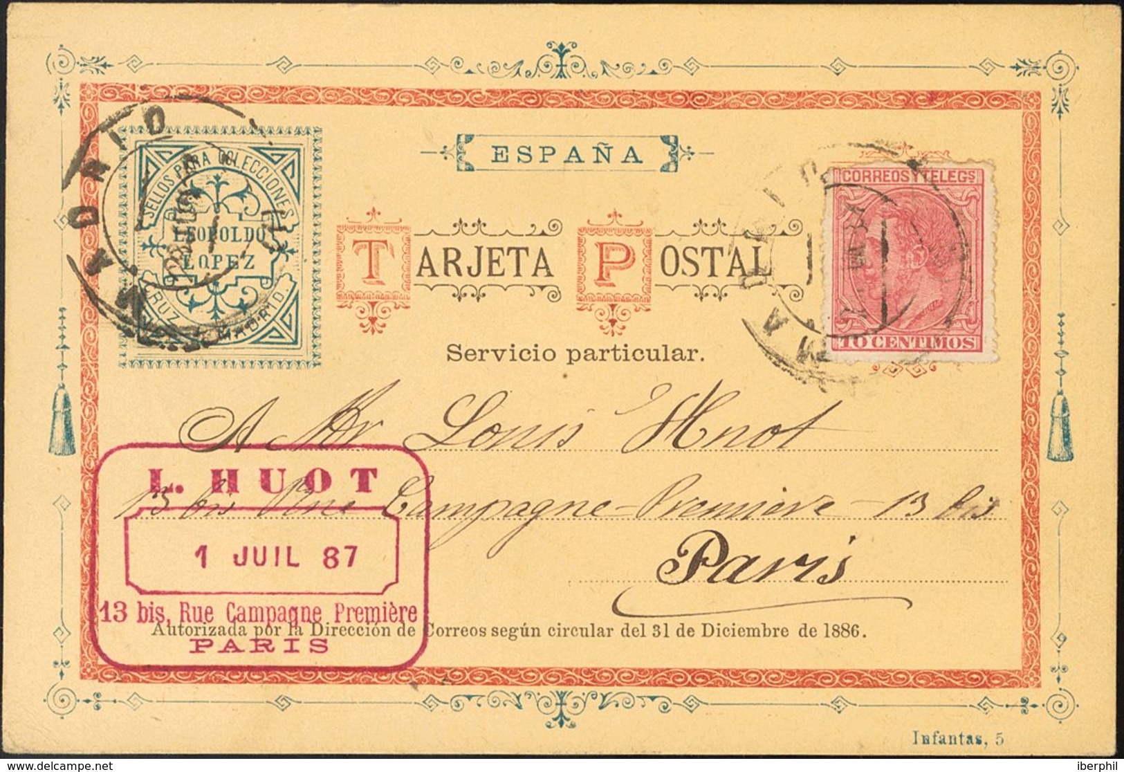 Sobre 202. 1887. 10 Cts Rosa. Tarjeta Postal Decorada Con Membrete Del Comerciante Filatélico Leopoldo López De MADRID A - Autres & Non Classés