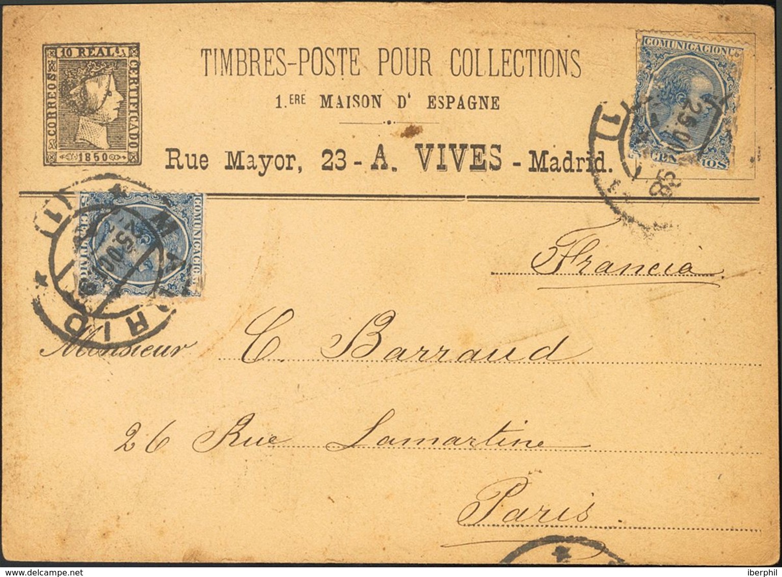 Sobre 215(2). 1898. 5 Cts Azul, Dos Sellos. Tarjeta Postal Con Membrete Del Comerciante Filatélico A. Vives De MADRID A  - Autres & Non Classés